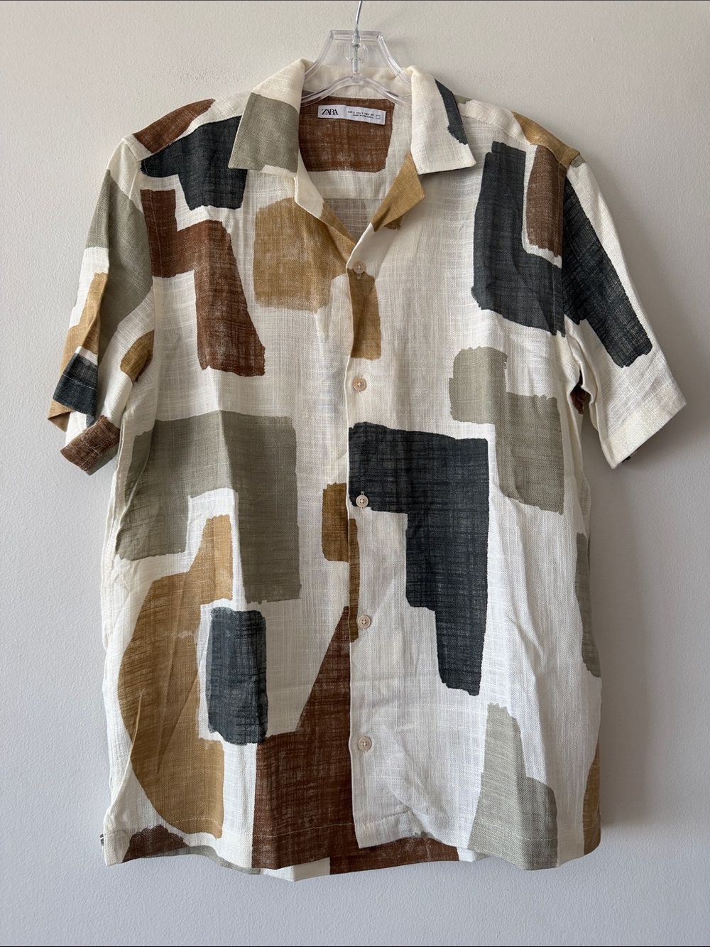 Zara Men Abstract Geometric Print Linen Blend Short Sleeve Button Up Shirt Small